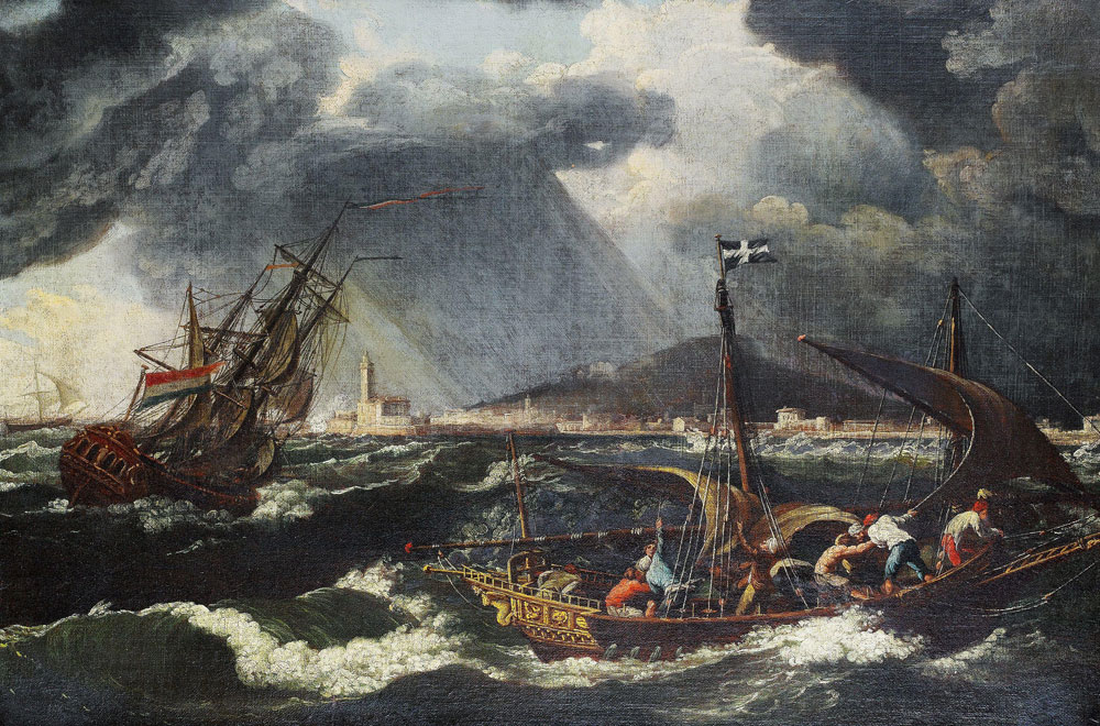 Attributed to Johann Anton Eismann - Shipping in choppy seas, a Mediterranean port beyond