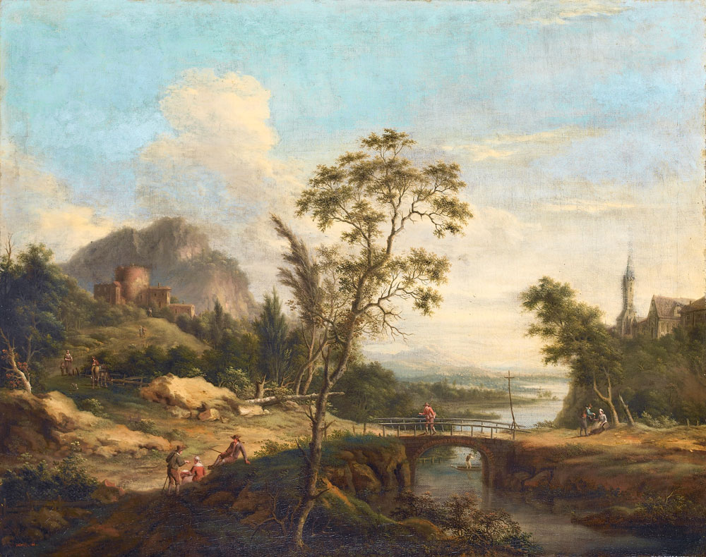 Johann Christian Vollerdt - A river landscape with a traveller crossing a bridge and figures resting beside a country path