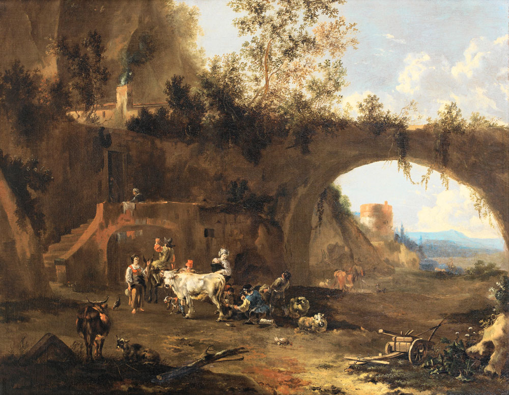Johannes van der Bent - Peasants and livestock before a rustic dwelling in the Roman campagna