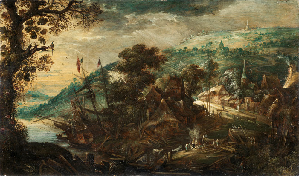 Kerstiaen de Keuninck - Figures around a fire, before an extensive river landscape, with a ship moored in the distance