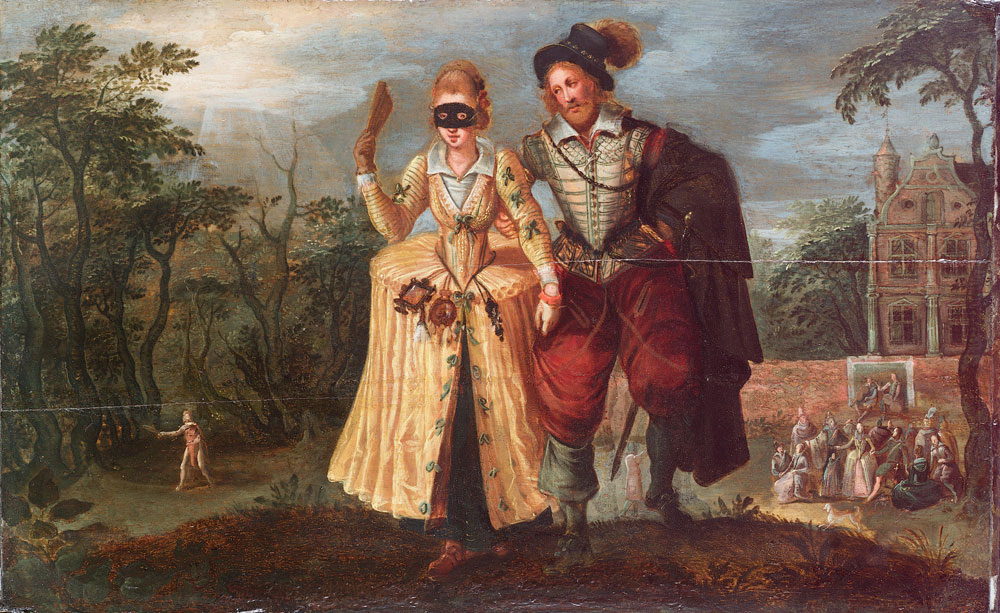 Attributed to Louis de Caullery - An elegant couple dressed for a masked ball