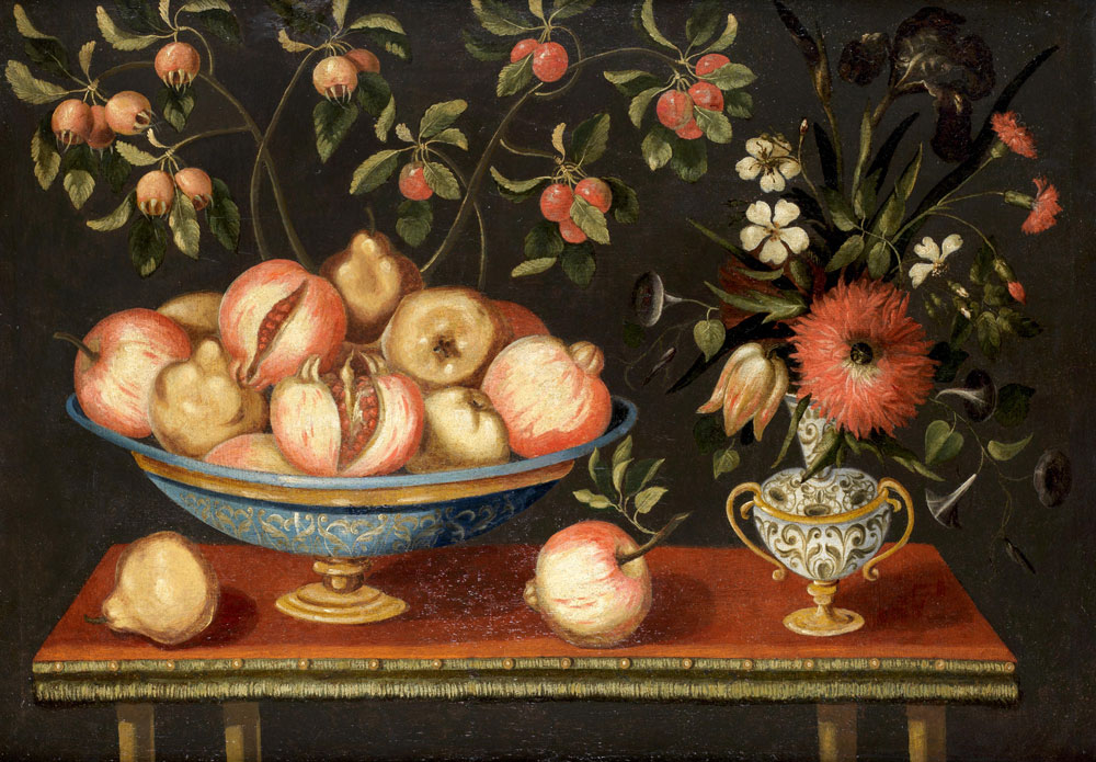 School of  Madrid - Lemons and pomegranates in a maiolica tazza, with jasmine and tulips in a maiolica albarello and other fruits and flowers on a table top