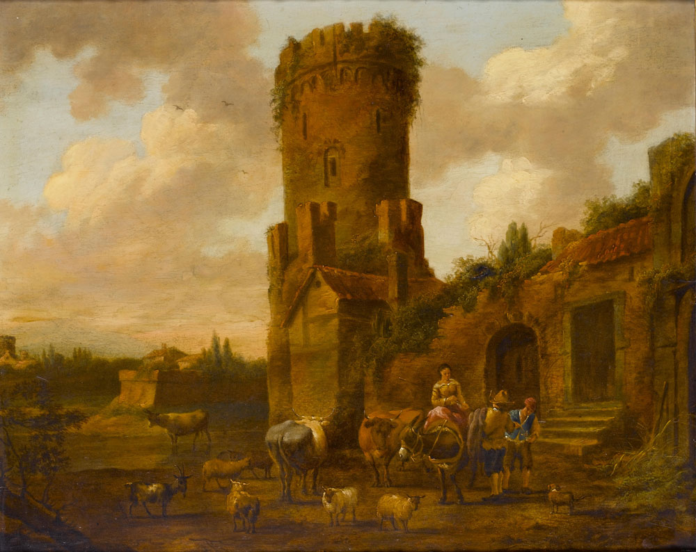 Follower of Nicolaes Berchem - Drovers taking refreshment with cattle, sheep and goats before a tower
