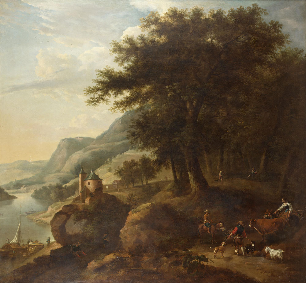 Follower of Nicolaes Berchem - An extensive river landscape with a drover and livestock