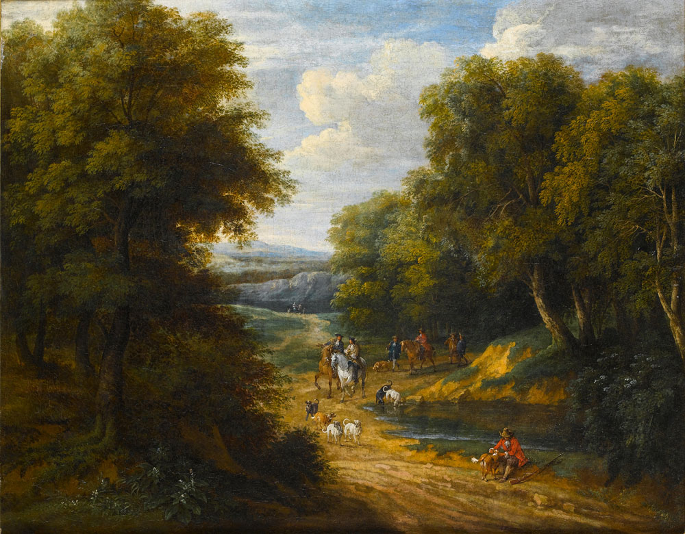 Pieter Bout - A wooded landscape with elegant figures