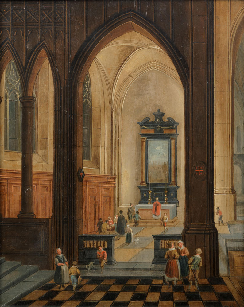 After Pieter Neefs II - The interior of a Gothic church with figures attending mass