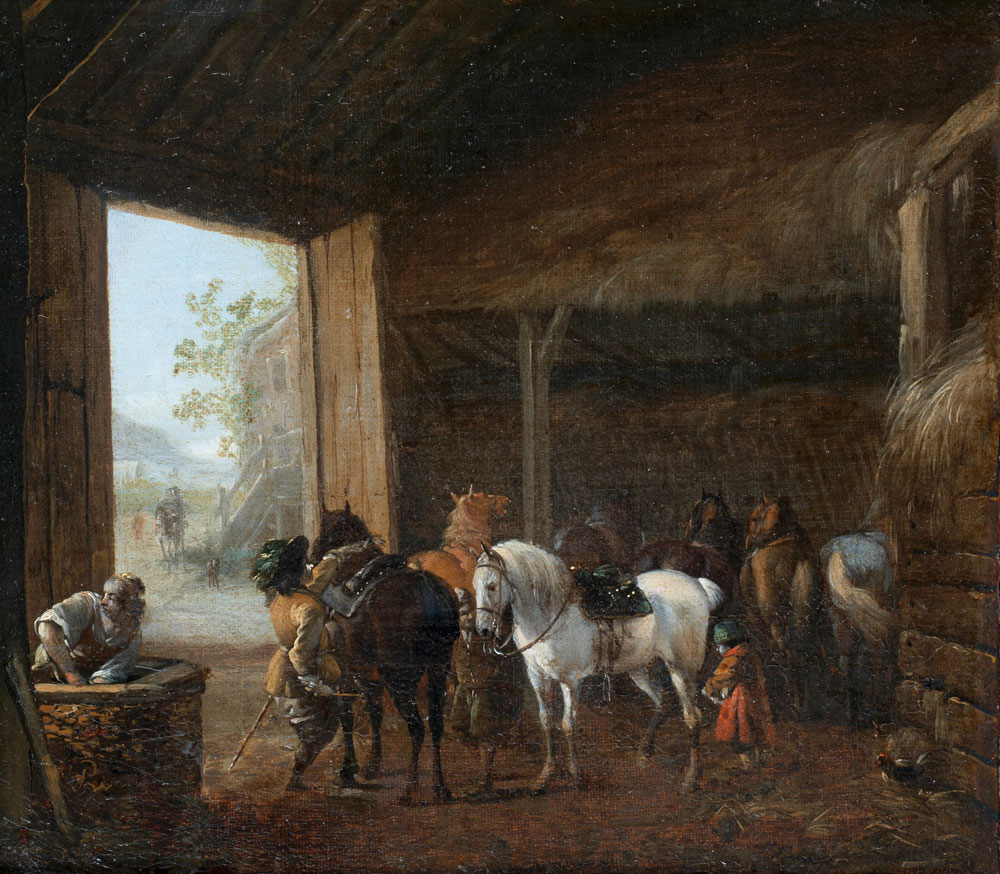 Pieter Wouwerman - A stable interior with two horses being saddled and other horses standing