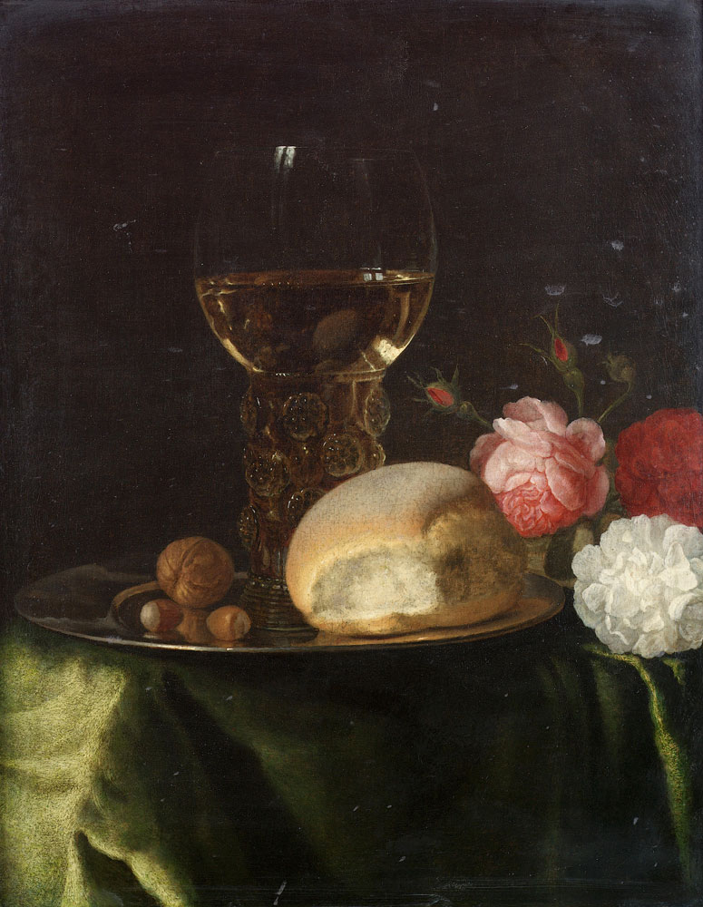 Simon Luttichuys - A roemer of white wine, walnuts and a bread roll on a silver plate, beside roses on a table draped with a green velvet cloth