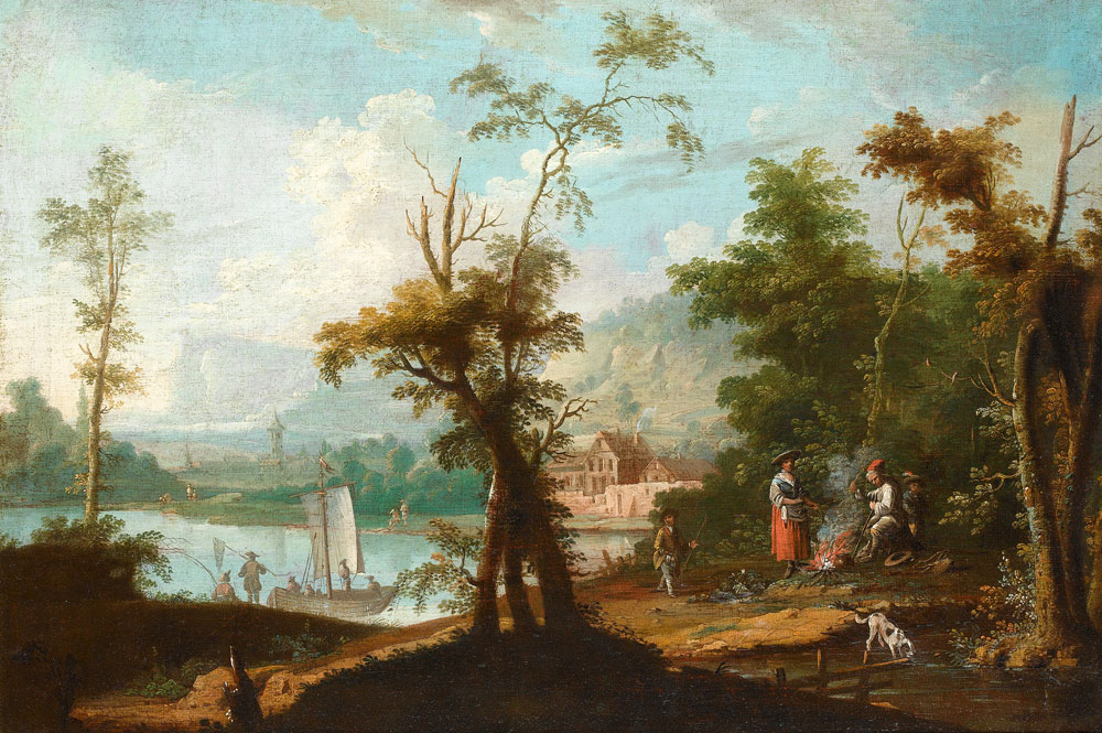 School of the Tyrol - Peasants around a fire in a wood before a river landscape, with a village in the distance