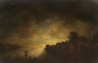 Follower of Aert van der Neer Port scene at sunset