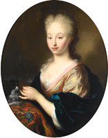 Arnold Boonen Portrait of a lady, half length, in a yellow silk dress and blue wrap with a spaniel at her side