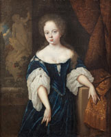 Attributed to Constantyn Netscher Portrait of a young lady, three-quarter-length, in a blue dress standing before a curtain