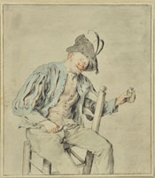 Cornelis Dusart A seated man leaning forward, holding up a perfume bottle