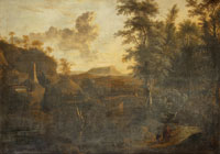 Attributed to Frederick de Moucheron A wooded landscape with a traveller on horseback crossing a bridge