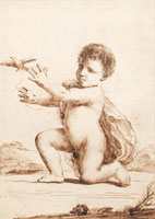 Guercino Nude Infant (The Christ Child?), kneeling on the ground, releasing a bird