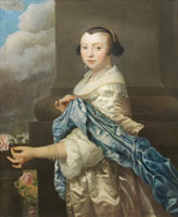 Isaac Luttichuys - Portrait of a lady, three-quarter-length, in a white dress and blue shawl, with a pearl necklace, holding a rose