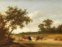 Jacob Salomonsz. van Ruysdael A wooded landscape with cattle grazing on a path, a church spire beyond