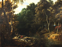 Jacques d'Arthois A wooded landscape with a boar hunt