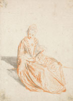 Jean Antoine Watteau A seated lady holding a fan