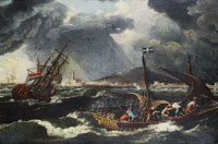 Attributed to Johann Anton Eismann Shipping in choppy seas, a Mediterranean port beyond