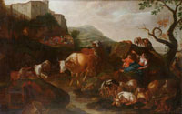 Johann Heinrich Roos An Italianate landscape with drovers and cattle, a hilltop village beyond