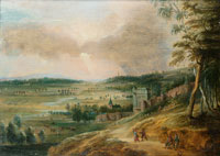 Lucas Van Uden A panoramic landscape with travellers on a path