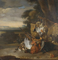 Follower of Melchior d'Hondecoeter - A hunt still life with a dead pheasant, grouse, songbirds, kingfisher and other birds, with a horn, basket, net and musket, before a tree, a view to an extensive landcsape beyond