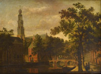 Circle of Paulus Constantijn la Fargue The Westerkerk, Amsterdam, with figures on a canal path with a horse-drawn carriage crossing a bridge beyond