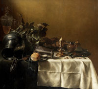Attributed to Pieter Claesz. - An upturned pewter jug, silver beaker, a candlestick with a pewter platter, a glass cup and cover, mustard pot and a vine on a draped table