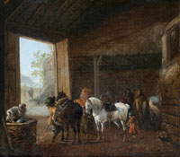 Pieter Wouwerman A stable interior with two horses being saddled and other horses standing