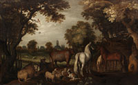 Roelandt Savery Horses, cattle, sheep and goats beneath trees in the foreground
