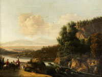 Willem Schellinks An extensive river landscape with figures before a waterfall