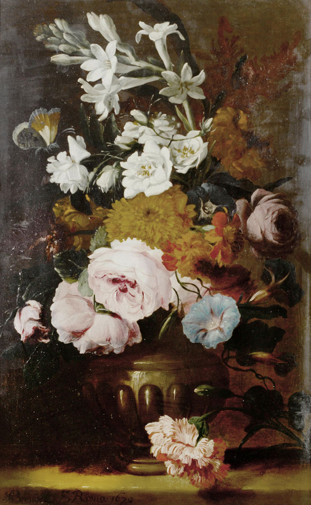 Abraham Brueghel - Roses, jasmine, primroses and other flowers in an urn on a table top