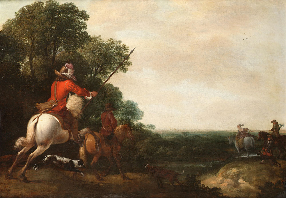 Abraham Danielsz. Hondius - A landscape with a hunting party by a stream