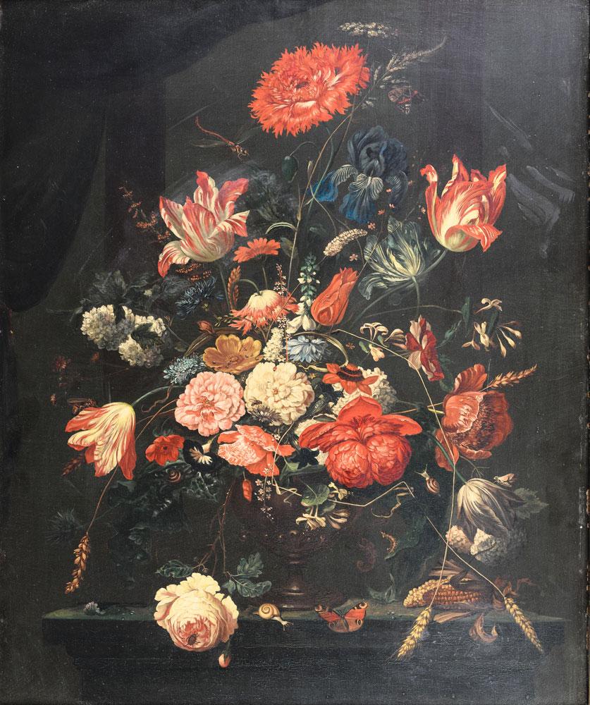 After Abraham Mignon - Roses, tulips, carnations and other flowers in a glass vase