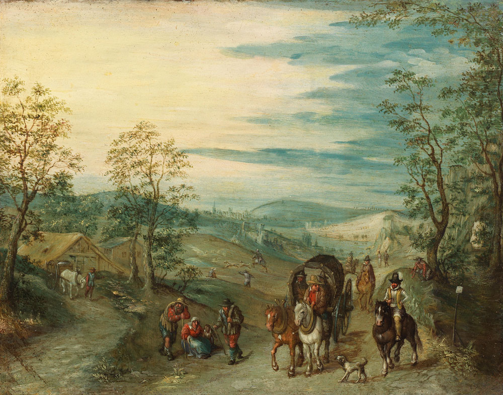 Circle of Adriaen van Stalbemt - Travellers on a country path