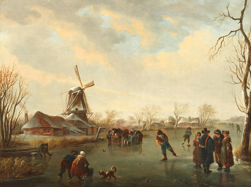 Andries Vermeulen - Figures skating on a frozen river by a windmill