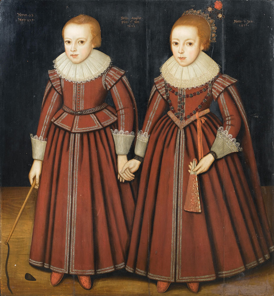 Anglo Dutch School - Portrait of two children, full-length, both in red costume