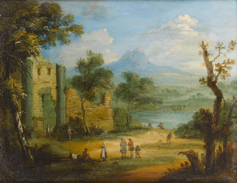 Anglo-Flemish School - Figures conversing before ruins, in an open landscape