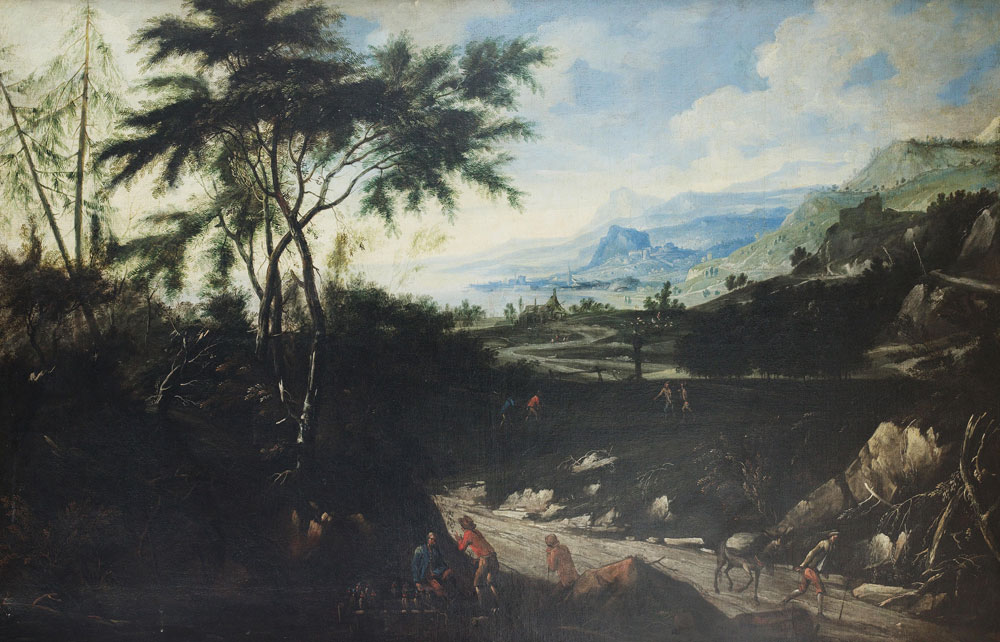 Anton Faistenberger - An extensive landscape with falconers resting beside a country path in the foreground, a mountainous coast beyond