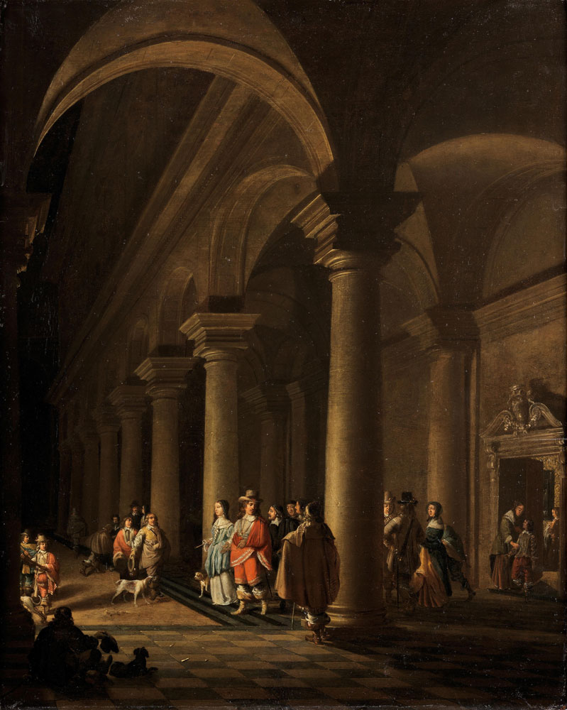 Attributed to Antonie de Lorme - Elegant figures in a church interior