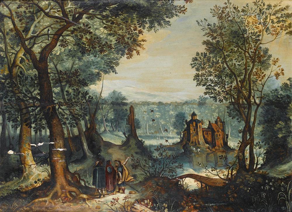 Follower of David Vinckboons - A wooded river landscape with Christ and two disciples on the road to Emmaus