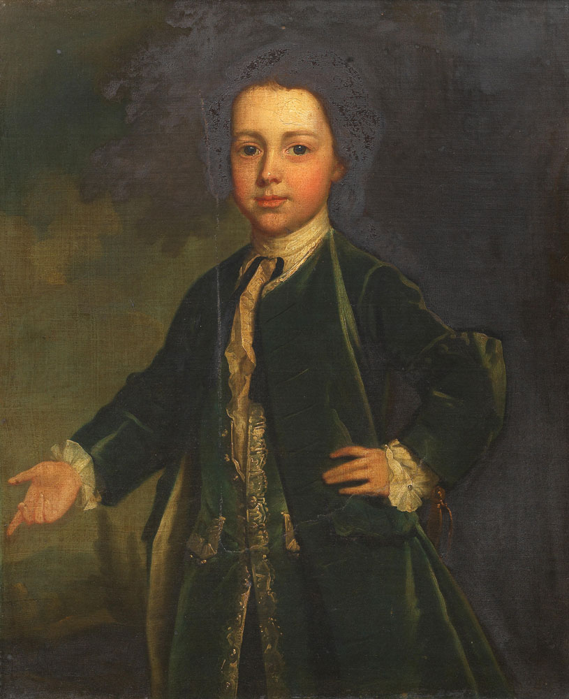 English School - Portrait of boy, traditionally identified as Ashton Lever, half-length, in a green velvet coat, standing before a landscape