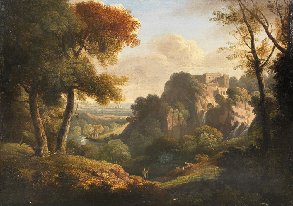 English School - An extensive river landscape with a shepherd and his flocks before a town on a rocky outcrop