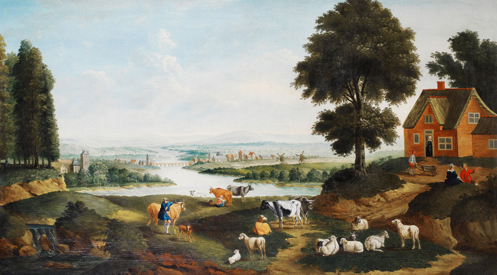English School - Farmers grazing their cattle, an open river landscape beyond