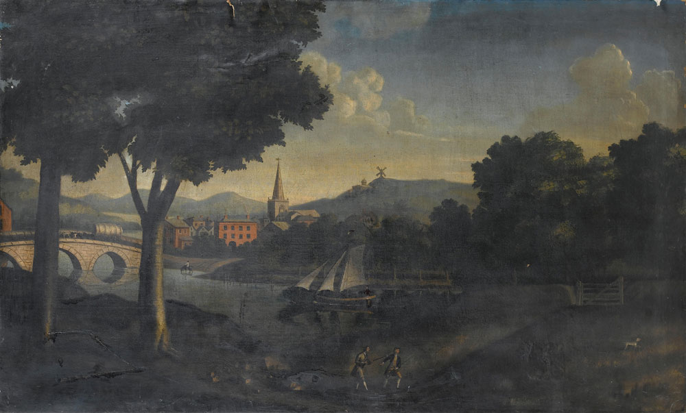 English School - A river landscape with huntsmen in the foreground