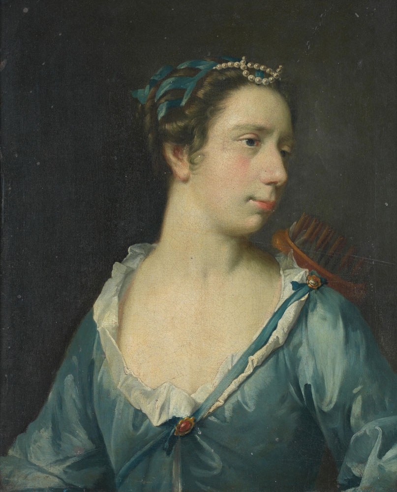 Attributed to Frans Van der Mijn - Portrait of a lady as Diana, bust-length, in a blue silk dress