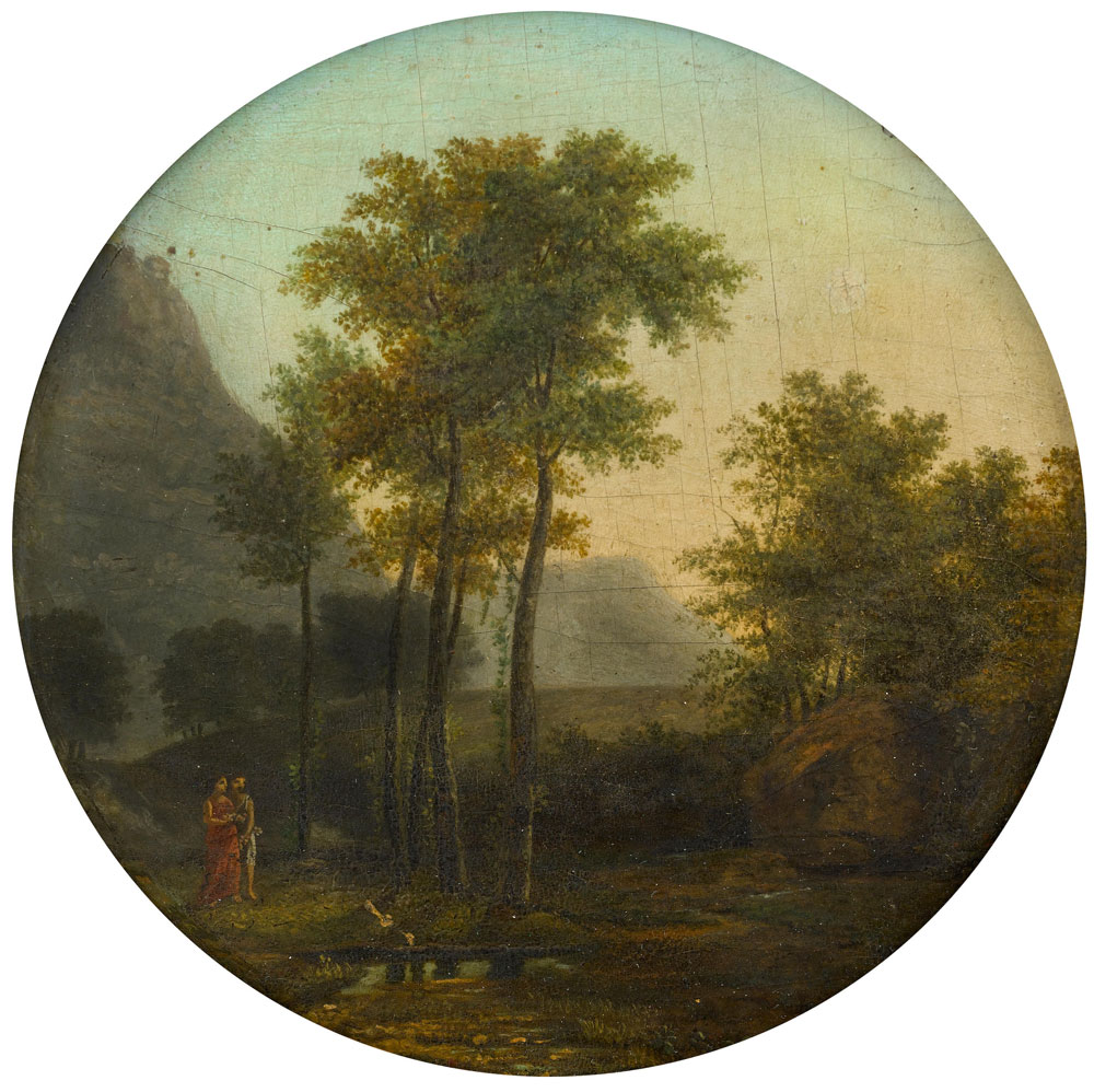 French School - An Italianate landscape with figures beside a stream