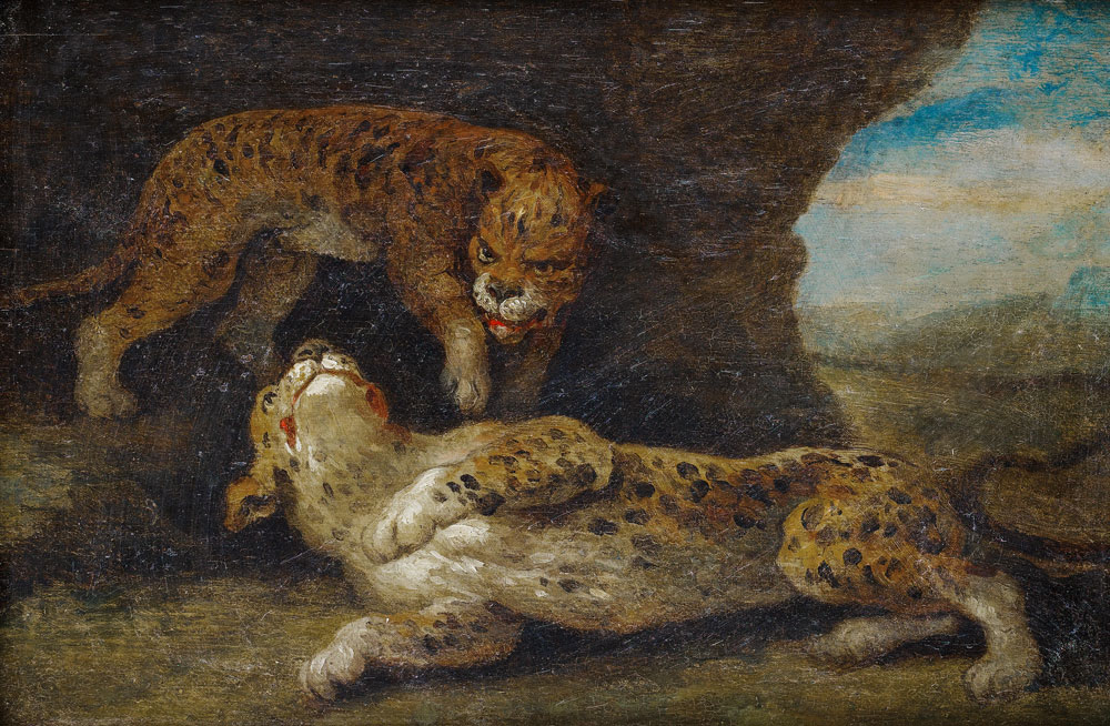 French School - Two leopards at the entrance to a cave