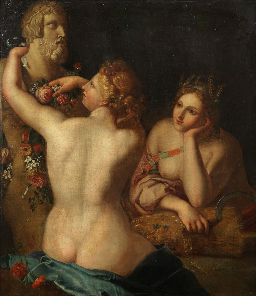 German School - Ceres and Flora adorning a statue of Bacchus
